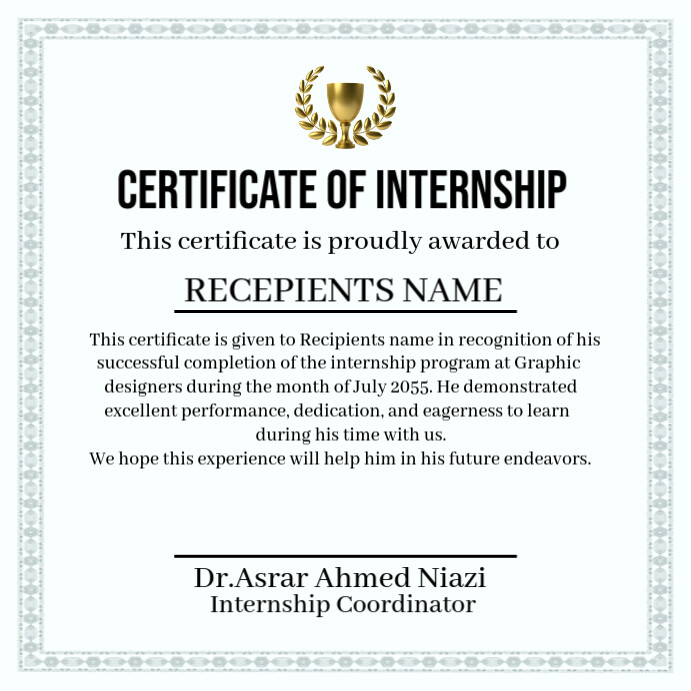 White Professional Certificate Of Internship  Instagram Post template