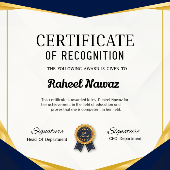White Professional Certificate Of Recognition  Instagram Post template