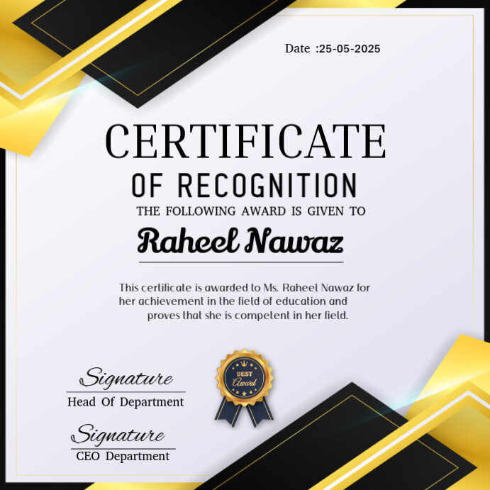 White Professional Certificate Of Recognition  Instagram Post template