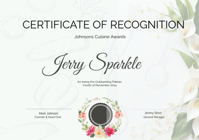 White Professional Certificate Of Recognition Chef cuisine awards A4 template