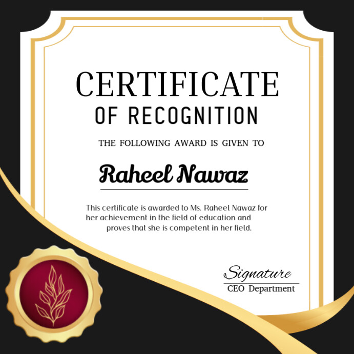 White Professional Certificate Of Recognition  Instagram Post template