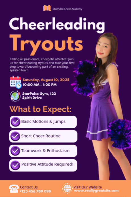 Cheering Professional White Professional Cheerleading Tryouts Poster Template Poster ...