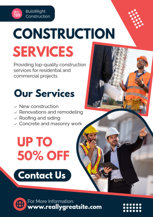 White Professional Construction Services A4 Template | PosterMyWall
