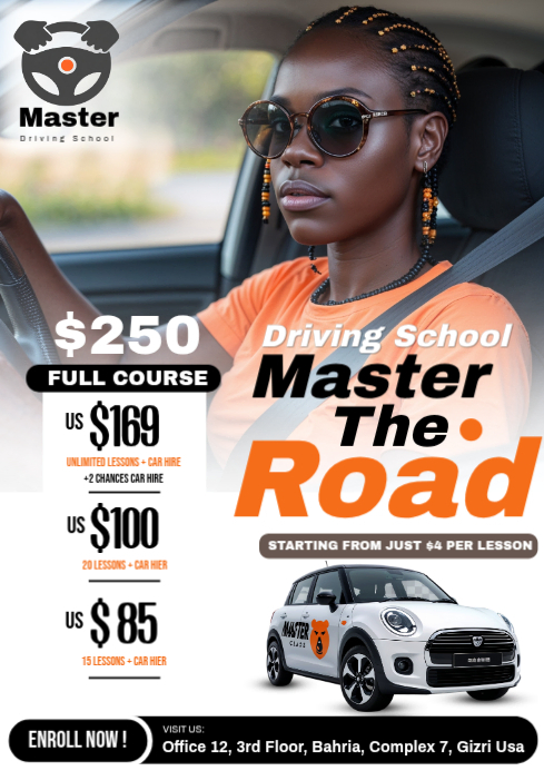Copy of White Professional Driving School Promotion A4 | PosterMyWall