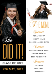 White Professional Editable Elegant Graduation Menu A4 template