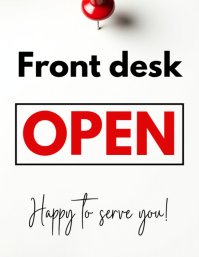 White Professional Front Desk Open Sign Reception Desk Open Notice Office Business Hours Display Pos Flyer (US Letter) template