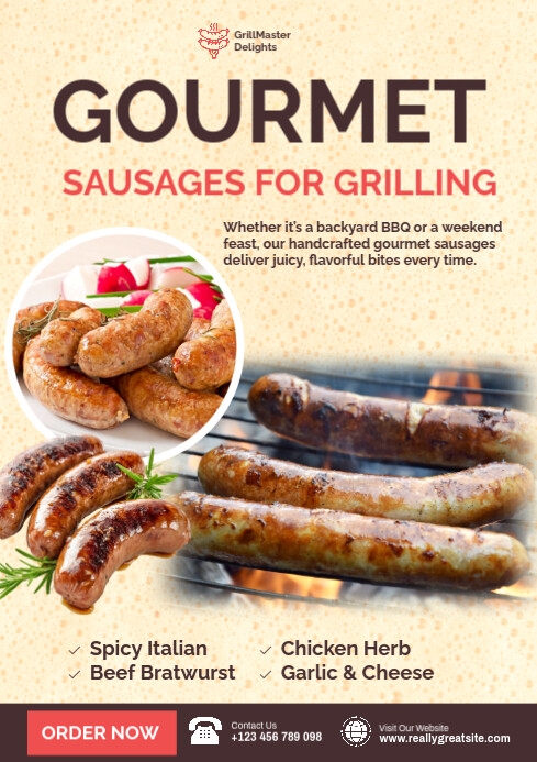 White Professional Gourmet Sausages For Grilling Promotion Template A4