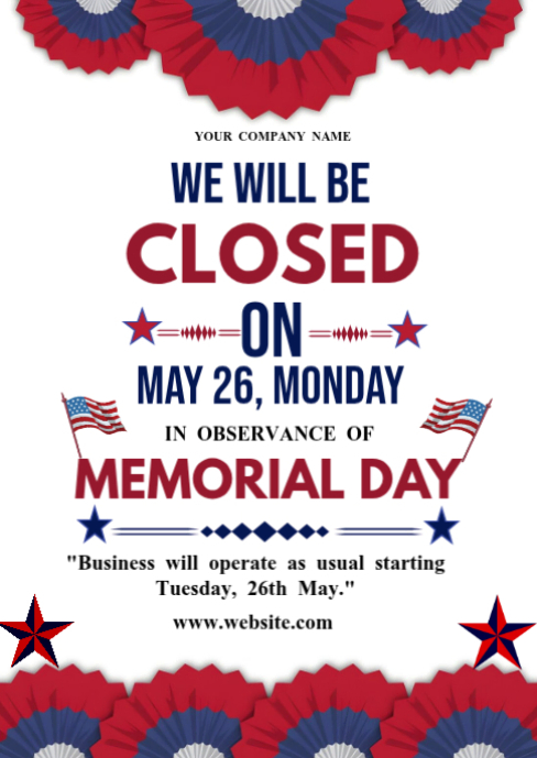 Memorial Day Closure Announcement Template | PosterMyWall