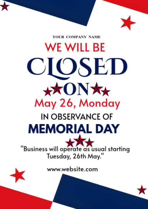 Memorial Day Closure Announcement Template | PosterMyWall
