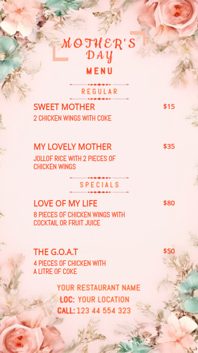 White Professional Mother's Day Menun Digital Display (9:16) template