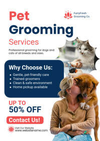 White Professional Pet Grooming & Dog Wash Services Flyer Template A4