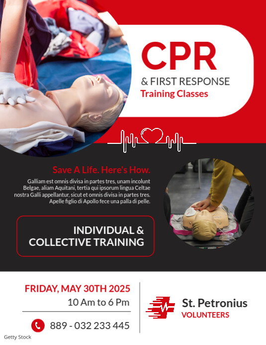 White Professional Red White And Black Cpr And First Response Training Classes  Flyer (us Letter) template