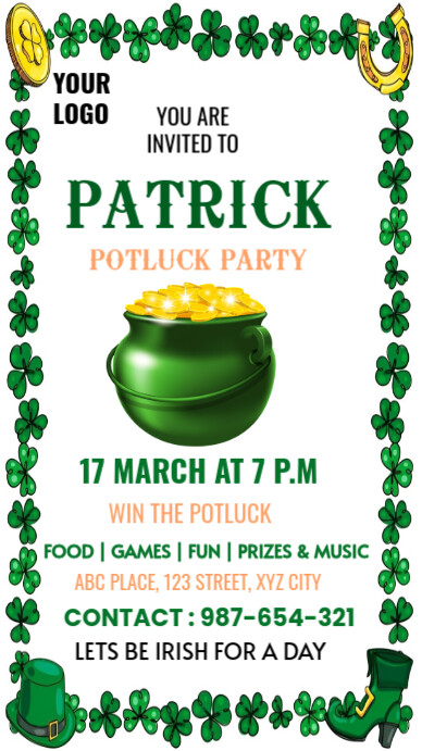 Potluck Professional Sticker Plantilla de White Professional Saint Patrick Potluck Party 17 March ...