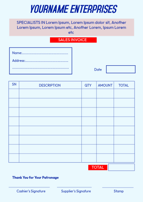 Plantilla de Blanco Sales Invoice A4 | PosterMyWall