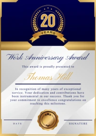 White Professional Years Of Service Award  Certificate A5 template