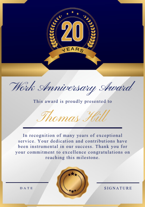 White Professional Years Of Service Award  Certificate A5 template