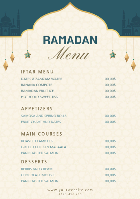 White Ramadan Iftar Menu A4 Template | PosterMyWall