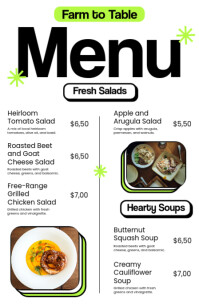 White Retro Farm to Table Food Menu Printable (Half Page Wide) Halv side bred template