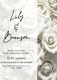 White rose Floral Wedding Invitation A6 template