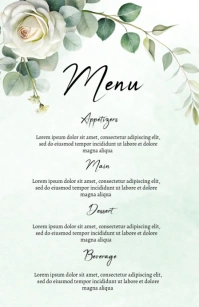 White Rose Floral Wedding Menu Template Half Page Wide