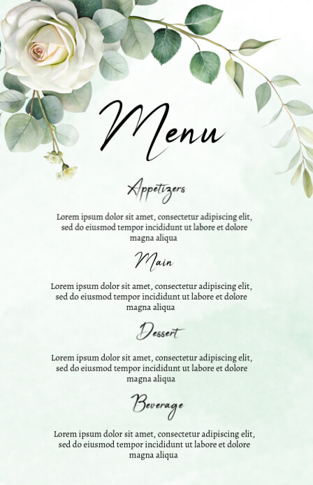 White Rose Floral Wedding Menu Template Halfbladsy Breed