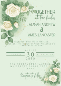 White Roses watercolor wedding invitation A5 template
