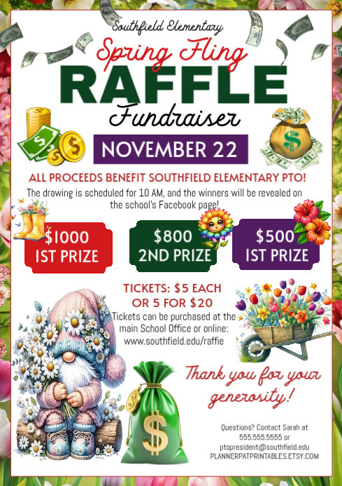 White school spring raffle fundraiser invite A4 Template | PosterMyWall