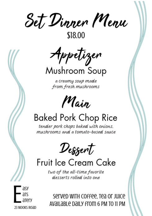 White Set Dinner Menu Design Template A4 | PosterMyWall