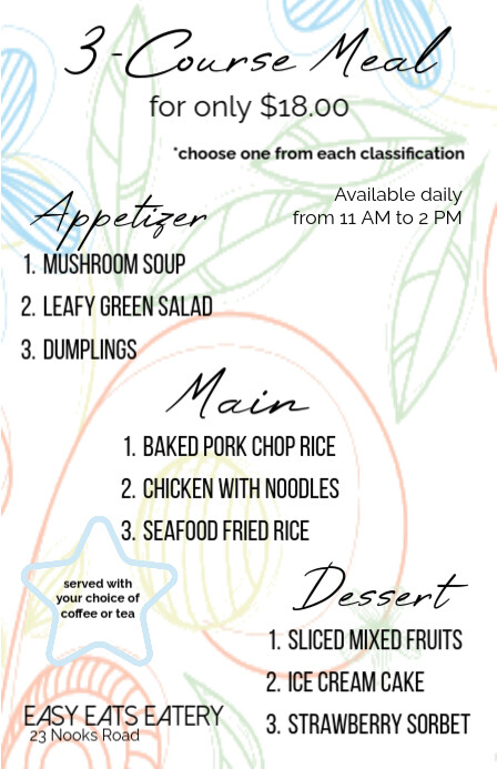 White Set Meal Or 3-course Meal Menu Design Tabloid template