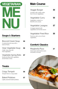 Blanco White Simple Vegetarian Menu List Template (Half Page Wide) Mezza pagina Wide