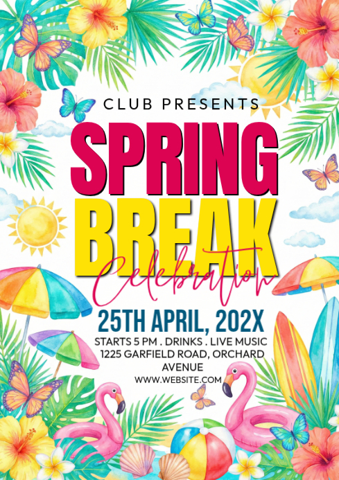 White Spring Break Celebration A4 Template | PosterMyWall