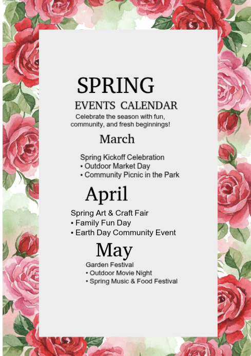 White Spring Events Calendar Template A4 Modelo | PosterMyWall