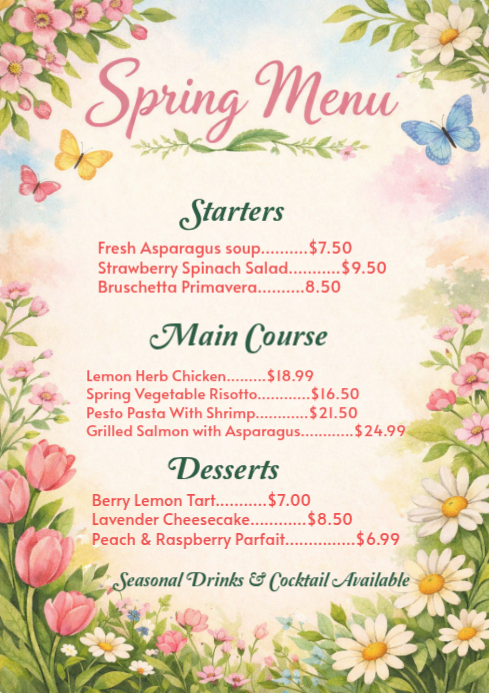 Spring Menu Signage White Spring Menu A4 Template | PosterMyWall