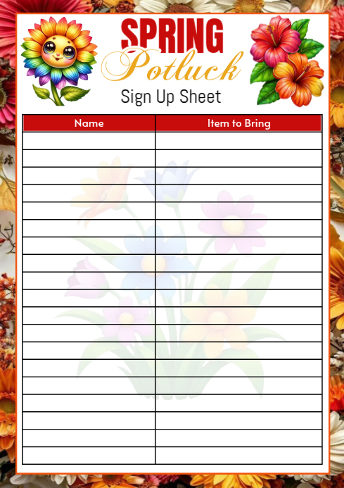 Spring Potluck Sign Copy of White Spring Potluck Sign Up sheet A4 | PosterMyWall