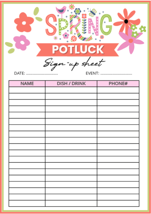 Spring Potluck Template Copy of White Spring Potluck Signup A6 | PosterMyWall