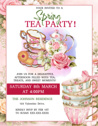 White spring Tea Party Invitation Flyer Folheto (US Letter) template
