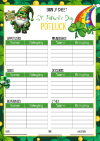 White St. Patrick's Day Potluck Sign Up Sheet A4 template