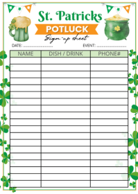 White St. Patrick's Potluck Sign-up Sheet A6 Template