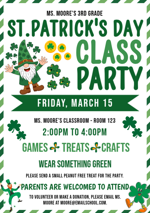White St. Patrick's Day Class Party Invitation Template | PosterMyWall