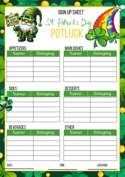 White St. Patrick's Day Potluck Sign Up Sheet A4 Template | PosterMyWall