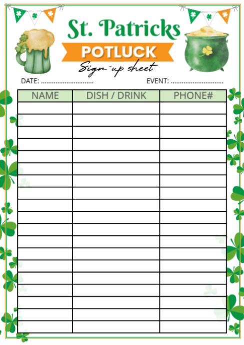 Plantilla de White St. Patrick's Potluck Sign-up Sheet A6 | PosterMyWall