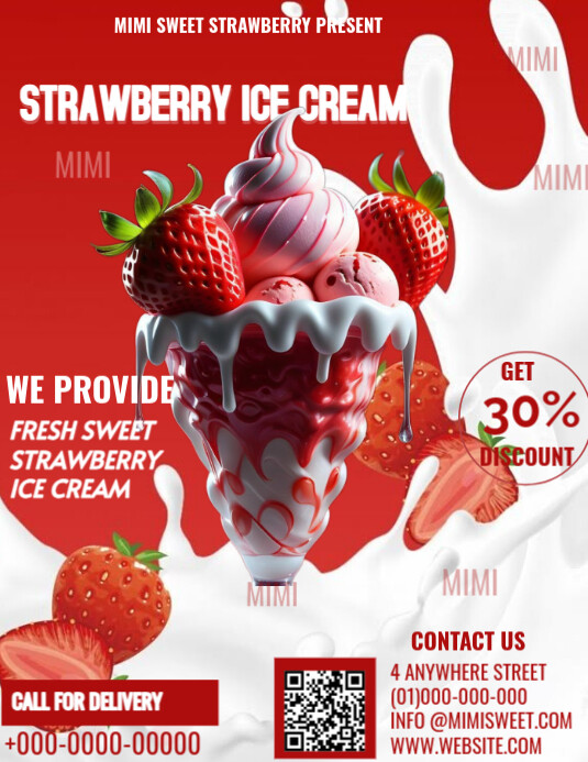White Strawberry Ice Cream Flyer (us Letter) Template | PosterMyWall