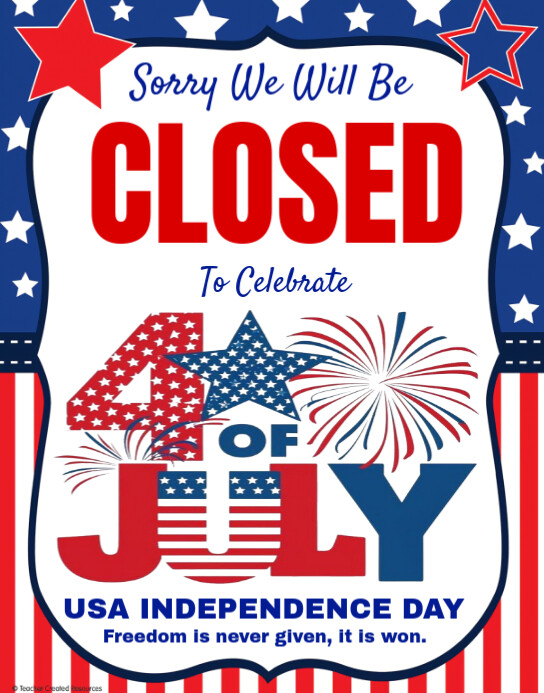 White Typographic Closed For 4th Of July Poster/wallboard template