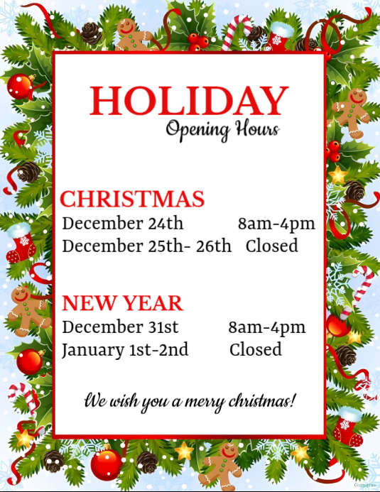 Plantilla de White Typographic Holiday Opening Hours Design Template ...