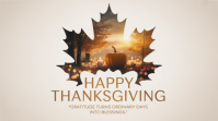White Typographic Minimalist Happy Thanksgiving Poster With Pumpkin & Candlelight Inside Autumn Leaf Digitalt display (16:9) template