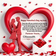 White Typographic Romantic 3d Heart Valentine's Day Greeting Card With Couple Silhouette Instagram P template