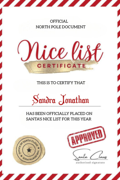 White Typographic Santa's Nice List Certificate  Poster 海报 template