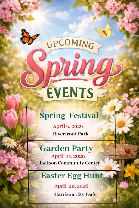 White Upcoming Spring Events Poster Template | PosterMyWall