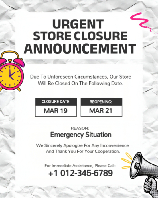 White Urgent Temporary Store Closure Announcement | Emergency Business ...