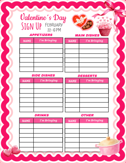 White Valentine's Day Potluck Sign-Up Sheet Flyer Template | PosterMyWall